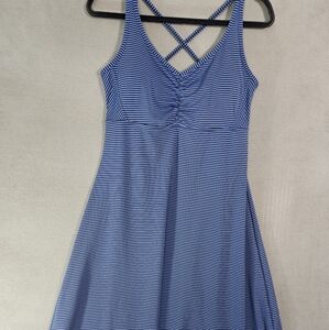 Prana Dress Athletic SZ XL Cross Straps Blue Stripe Fit Flare Shelf Bra Stretch